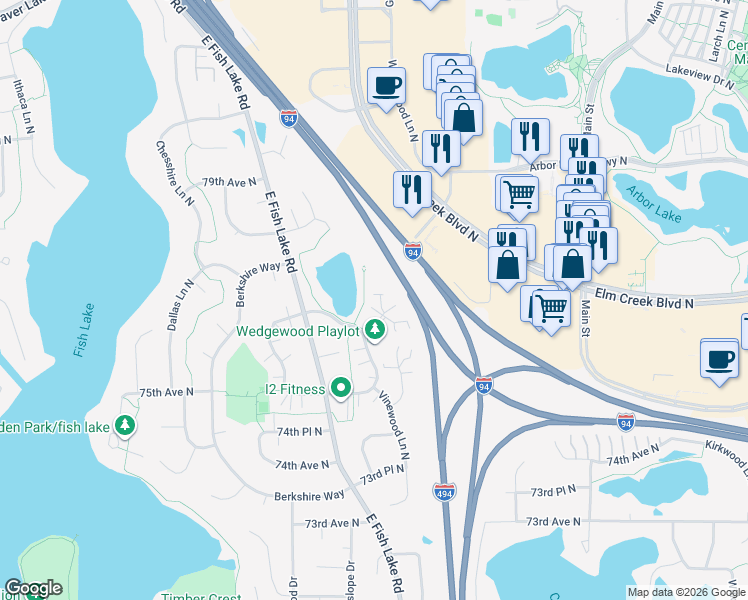 map of restaurants, bars, coffee shops, grocery stores, and more near 7687 Wedgwood Court North in Osseo