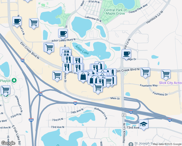 map of restaurants, bars, coffee shops, grocery stores, and more near 12522-12538 Elm Creek Boulevard North in Maple Grove