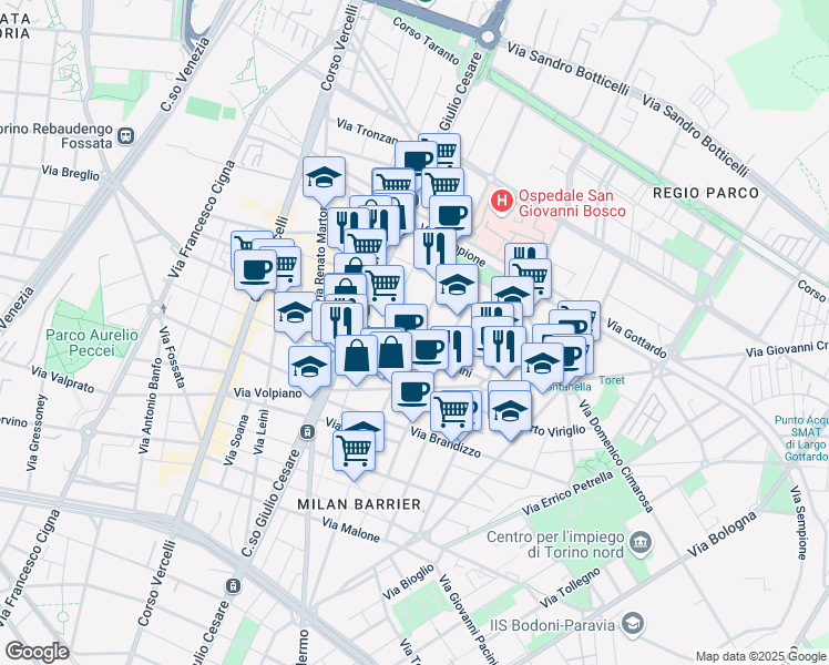 map of restaurants, bars, coffee shops, grocery stores, and more near 23 Via Gaspare Spontini in Torino