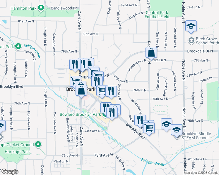 map of restaurants, bars, coffee shops, grocery stores, and more near 5521 Brookdale Drive North in Brooklyn Park