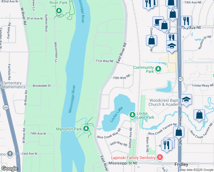 map of restaurants, bars, coffee shops, grocery stores, and more near 6931 East River Road in Fridley