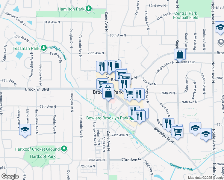 map of restaurants, bars, coffee shops, grocery stores, and more near 7640 Brooklyn Boulevard in Minneapolis