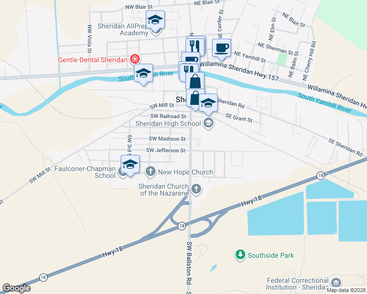 map of restaurants, bars, coffee shops, grocery stores, and more near 130 Southwest Madison Street in Sheridan
