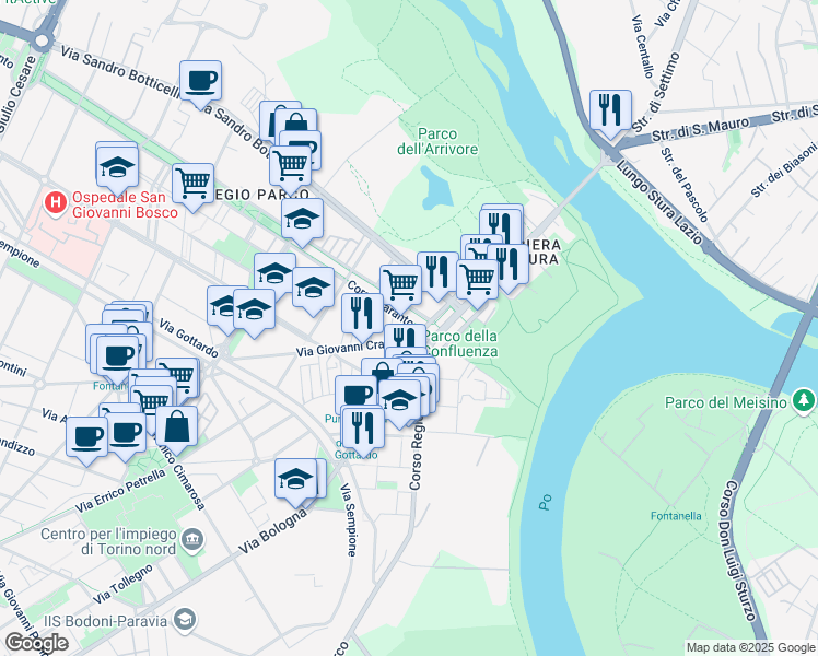 map of restaurants, bars, coffee shops, grocery stores, and more near 206 Corso Taranto in Torino
