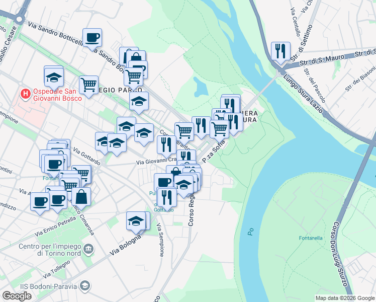 map of restaurants, bars, coffee shops, grocery stores, and more near 206 Corso Taranto in Torino
