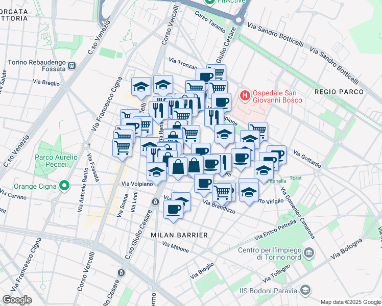 map of restaurants, bars, coffee shops, grocery stores, and more near 6 Via Pier Fortunato Calvi in Torino