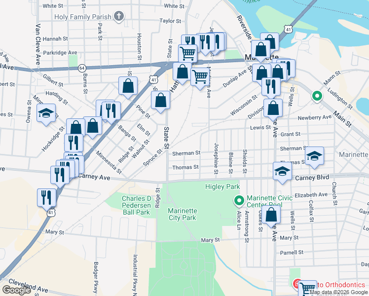 map of restaurants, bars, coffee shops, grocery stores, and more near 2312 Sherman Street in Marinette