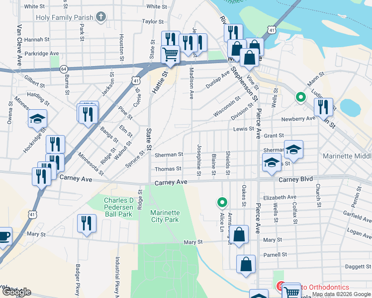 map of restaurants, bars, coffee shops, grocery stores, and more near 1132 Madison Avenue in Marinette