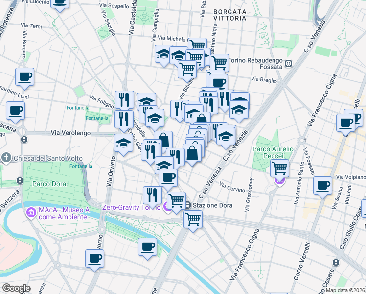 map of restaurants, bars, coffee shops, grocery stores, and more near 28 Via Giovanni Michele Boccardo in Torino