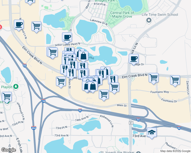 map of restaurants, bars, coffee shops, grocery stores, and more near 12300 Elm Creek Blvd in Maple Grove