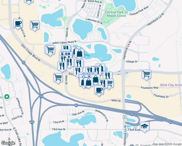 map of restaurants, bars, coffee shops, grocery stores, and more near 12300 Elm Creek Boulevard in Maple Grove