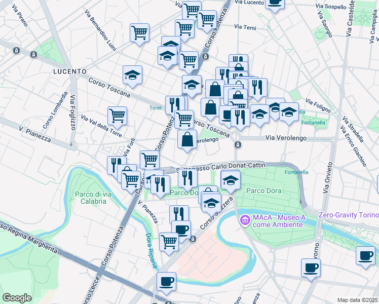 map of restaurants, bars, coffee shops, grocery stores, and more near 75 Via Viterbo in Torino