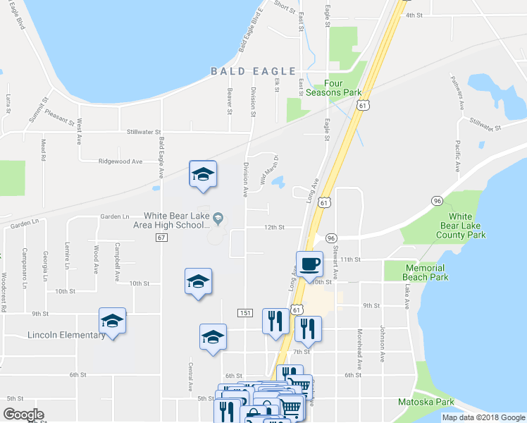 map of restaurants, bars, coffee shops, grocery stores, and more near Division Court in White Bear Lake