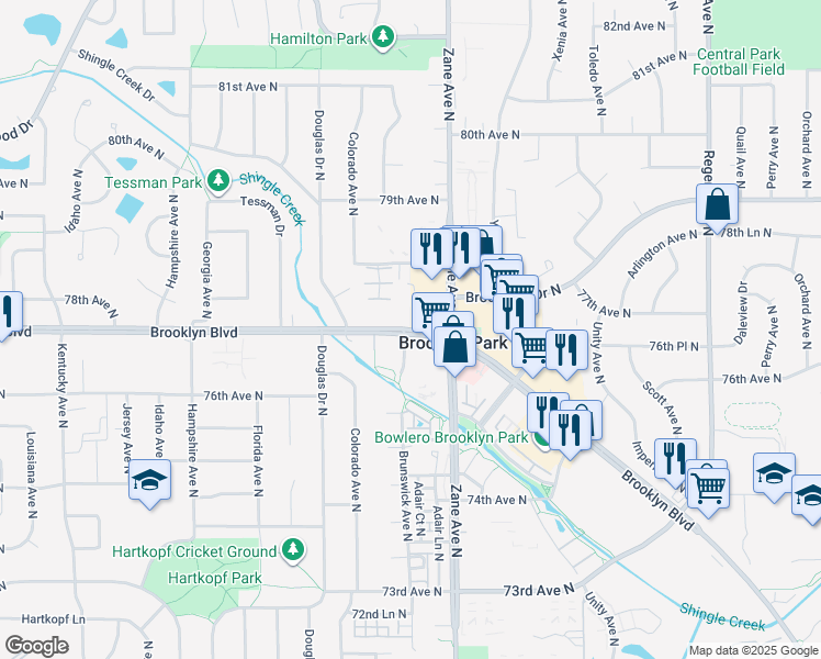 map of restaurants, bars, coffee shops, grocery stores, and more near in Brooklyn Park
