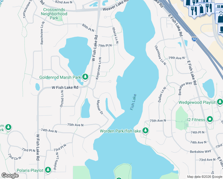 map of restaurants, bars, coffee shops, grocery stores, and more near 7662 Mariner Point in Osseo