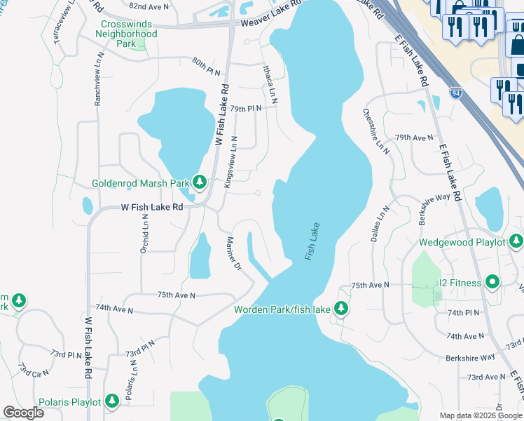 map of restaurants, bars, coffee shops, grocery stores, and more near 7662 Mariner Point in Osseo