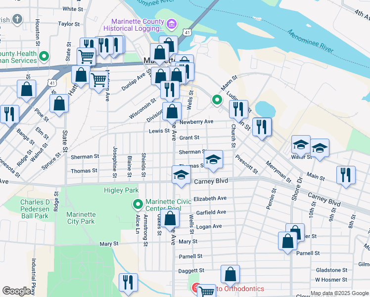 map of restaurants, bars, coffee shops, grocery stores, and more near 1019 Wells St in Marinette
