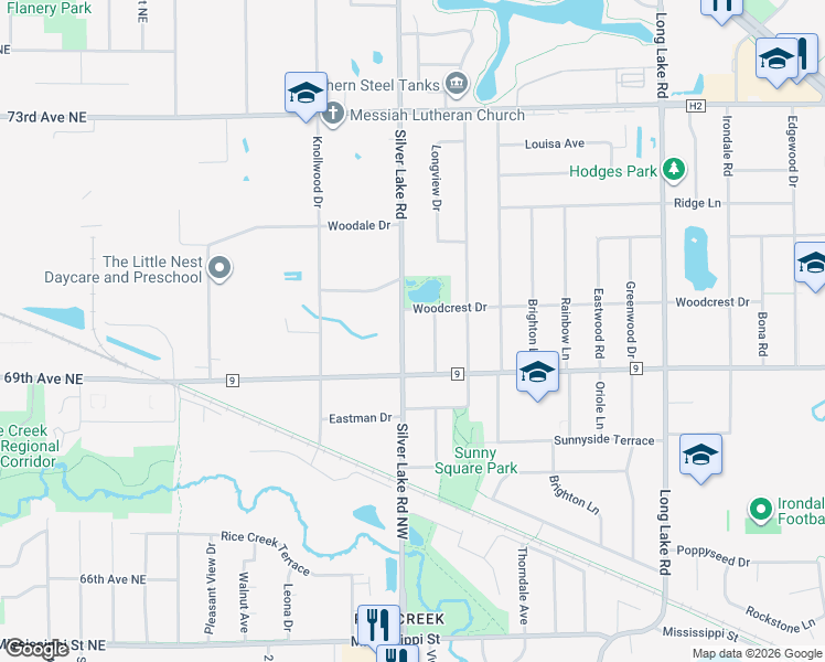 map of restaurants, bars, coffee shops, grocery stores, and more near 5080 Silver Lake Road Northwest in Saint Paul