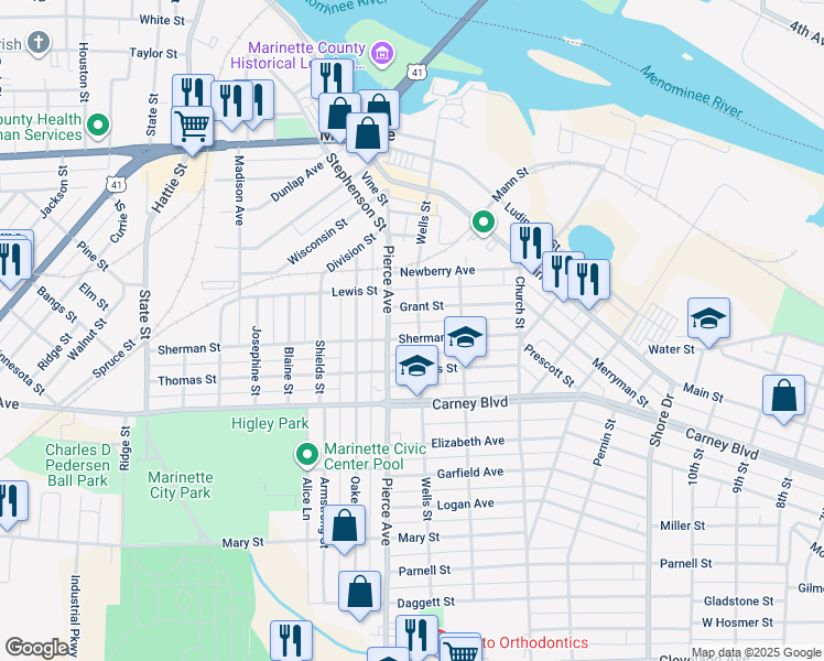 map of restaurants, bars, coffee shops, grocery stores, and more near 1019 Wells Street in Marinette