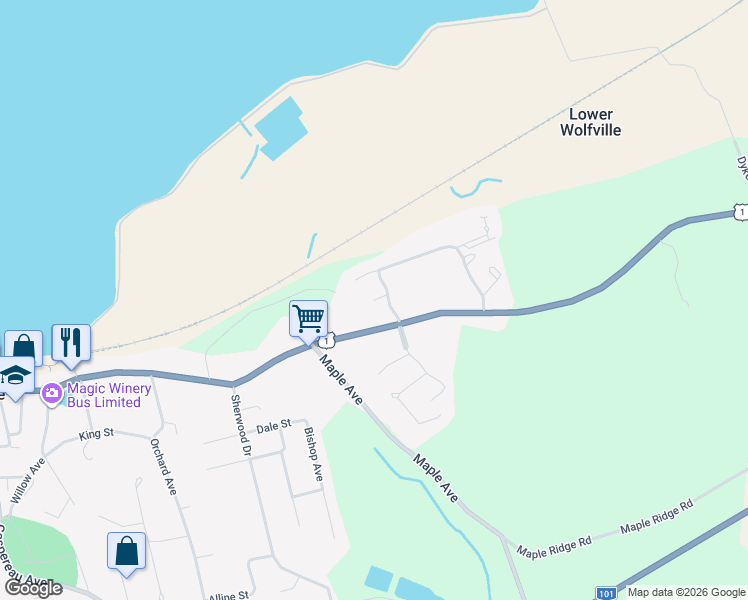 map of restaurants, bars, coffee shops, grocery stores, and more near 6 Dewitt Close in Wolfville