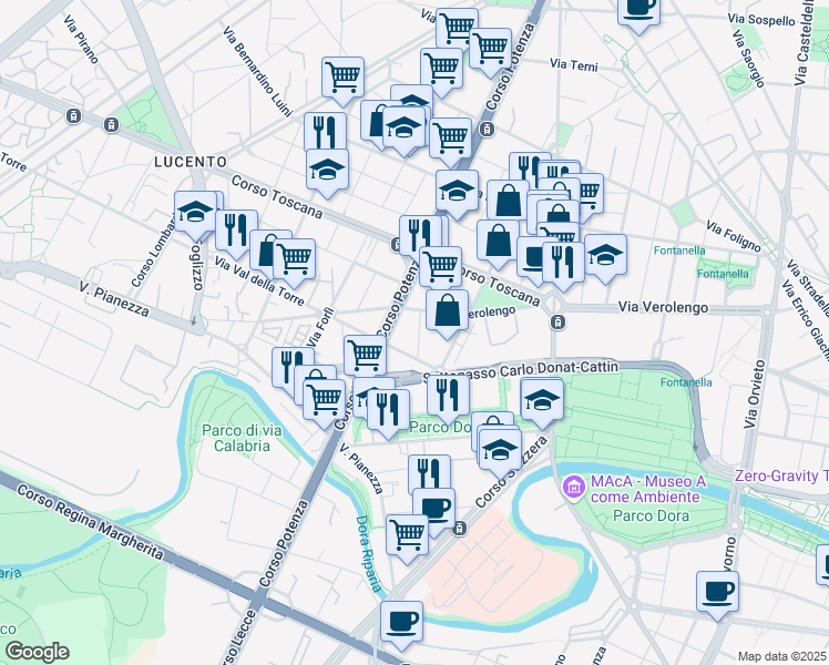 map of restaurants, bars, coffee shops, grocery stores, and more near 11 Via Pettinengo in Torino
