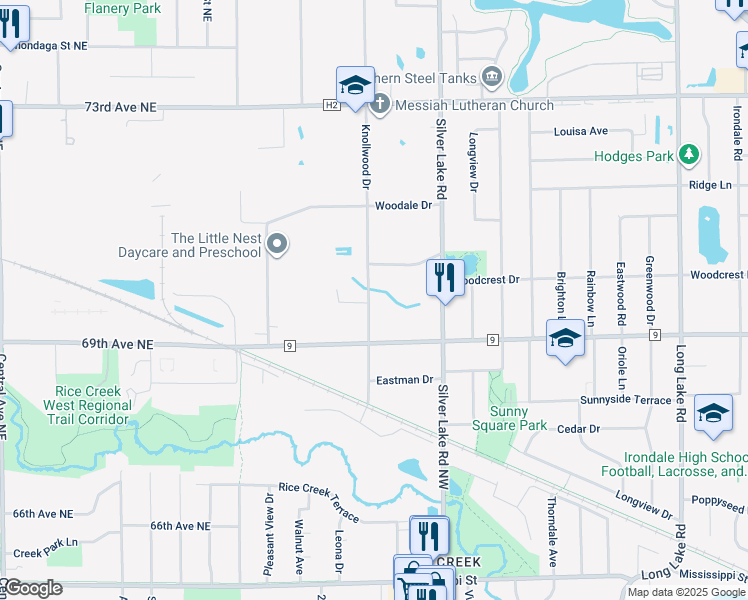 map of restaurants, bars, coffee shops, grocery stores, and more near 6969 Knollwood Drive in Mounds View