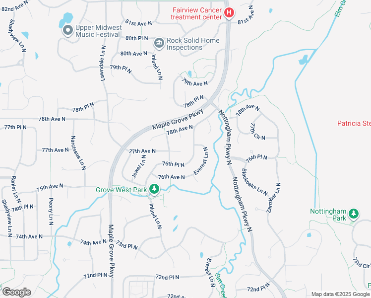 map of restaurants, bars, coffee shops, grocery stores, and more near 7697 Fountain Lane North in Maple Grove