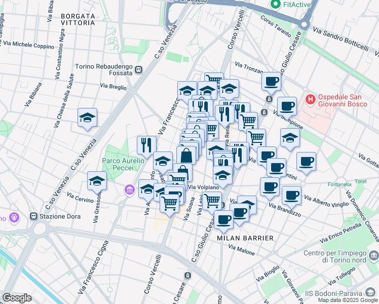map of restaurants, bars, coffee shops, grocery stores, and more near 15 Via Verrès in Torino