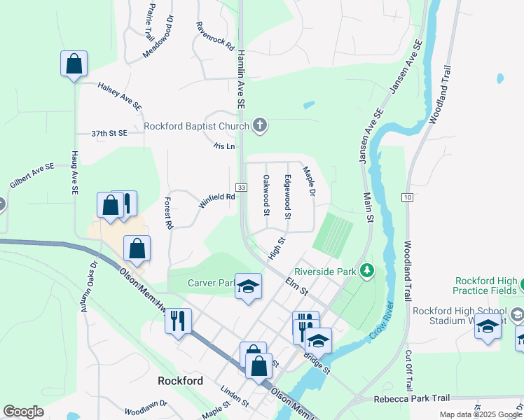 map of restaurants, bars, coffee shops, grocery stores, and more near 6530 Oakwood Street in Rockford