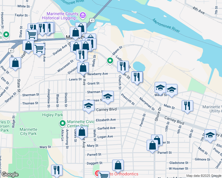 map of restaurants, bars, coffee shops, grocery stores, and more near 1430 Sherman St in Marinette