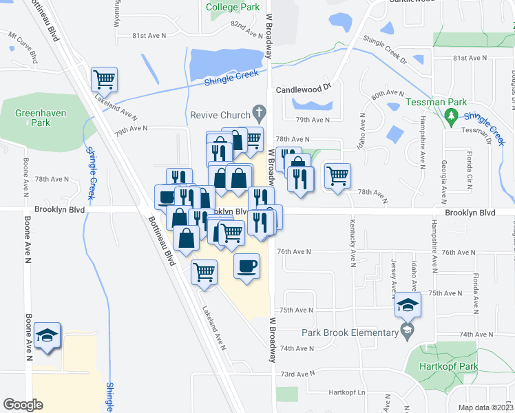map of restaurants, bars, coffee shops, grocery stores, and more near 7976 Brooklyn Boulevard in Minneapolis
