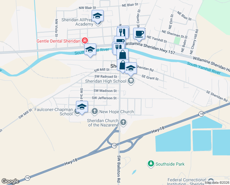 map of restaurants, bars, coffee shops, grocery stores, and more near 130 Southwest Madison Street in Sheridan