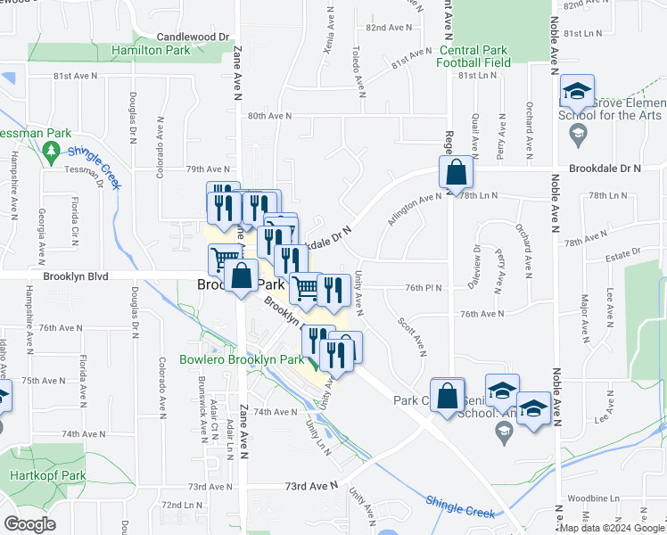 map of restaurants, bars, coffee shops, grocery stores, and more near 5521 Brookdale Drive North in Brooklyn Park
