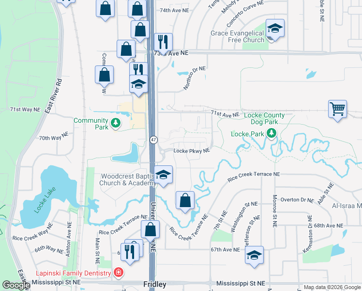 map of restaurants, bars, coffee shops, grocery stores, and more near 6961 Locke Point Drive Northeast in Spring Lake Park