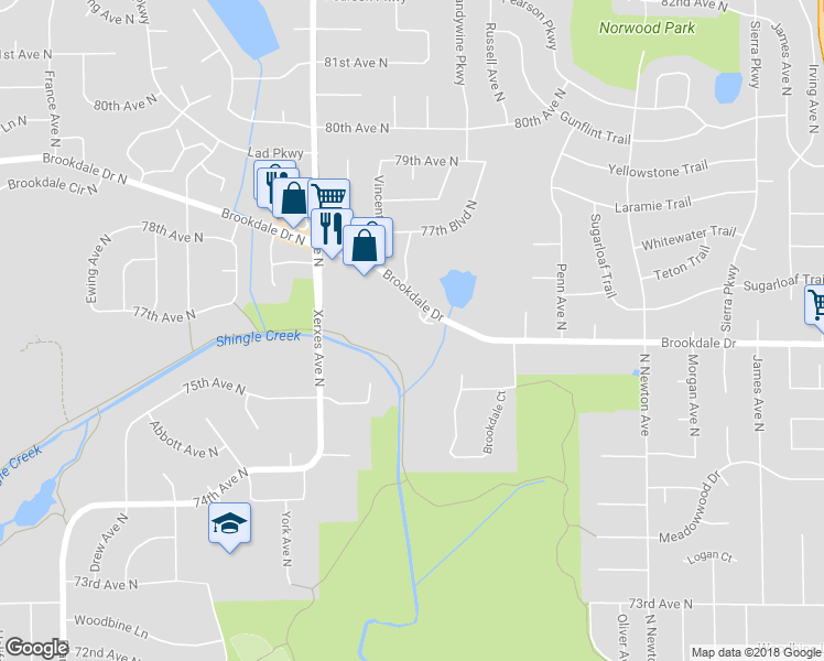 map of restaurants, bars, coffee shops, grocery stores, and more near 2729 Parkhaven Court in Minneapolis
