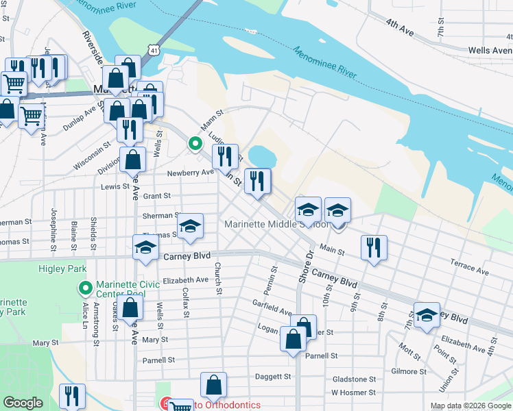 map of restaurants, bars, coffee shops, grocery stores, and more near 1335 Main Street in Marinette