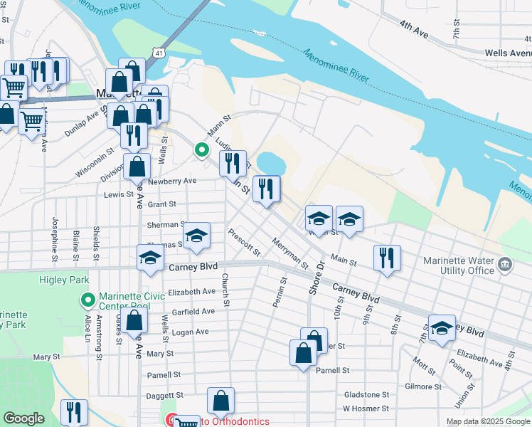 map of restaurants, bars, coffee shops, grocery stores, and more near 1335 Main Street in Marinette