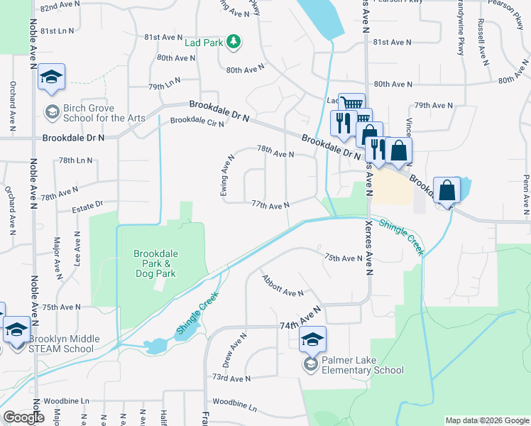 map of restaurants, bars, coffee shops, grocery stores, and more near 3525 77th Avenue North in Minneapolis