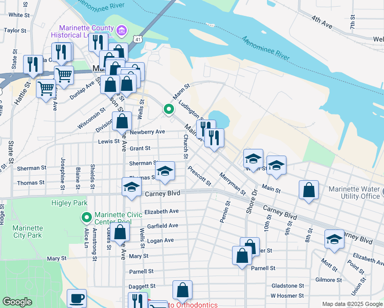 map of restaurants, bars, coffee shops, grocery stores, and more near 1017 Cook Street in Marinette