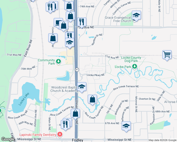 map of restaurants, bars, coffee shops, grocery stores, and more near 6961 Locke Point Drive Northeast in Spring Lake Park