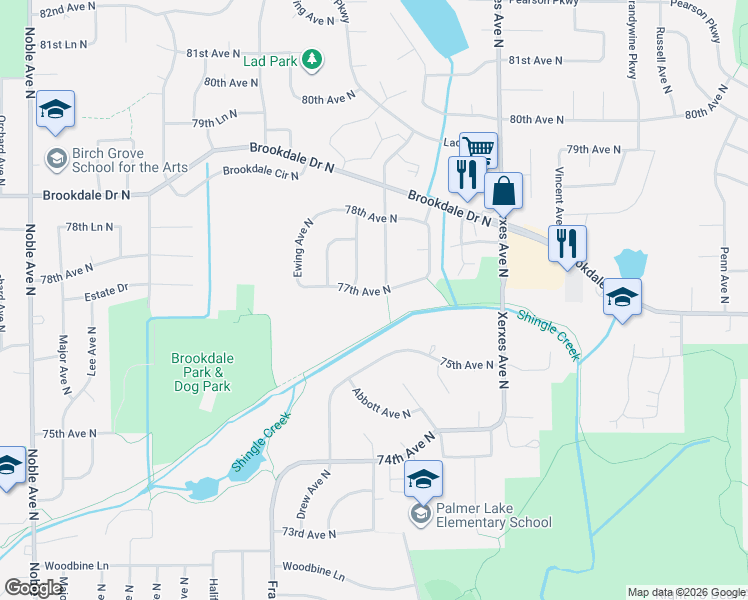 map of restaurants, bars, coffee shops, grocery stores, and more near 3525 77th Avenue North in Minneapolis