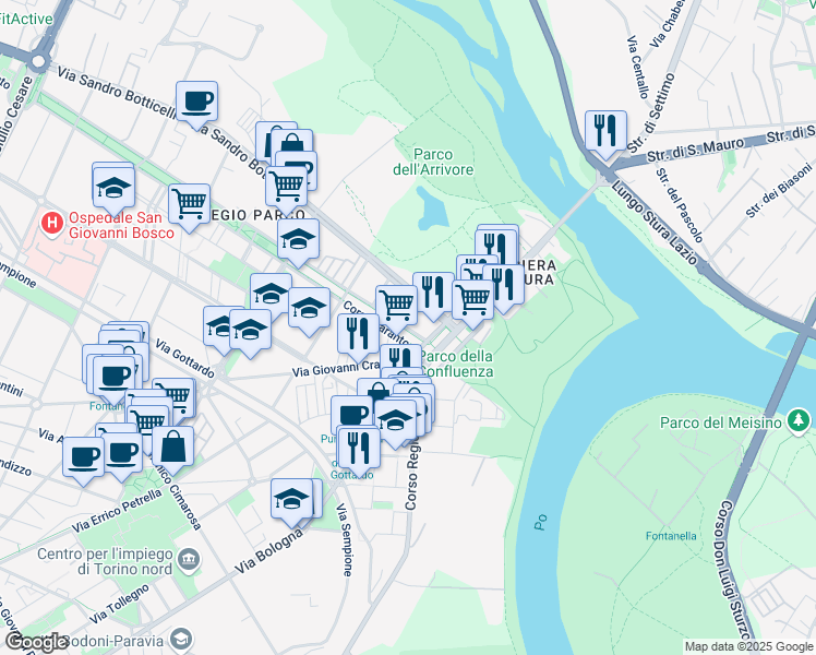 map of restaurants, bars, coffee shops, grocery stores, and more near 206 Corso Taranto in Torino