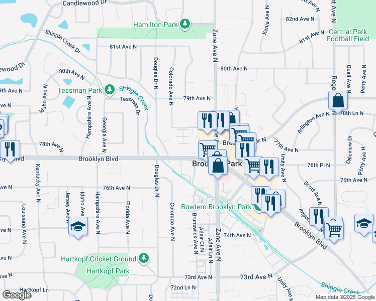 map of restaurants, bars, coffee shops, grocery stores, and more near in Brooklyn Park