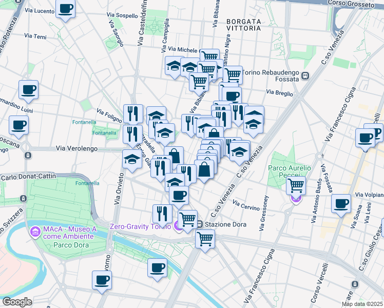 map of restaurants, bars, coffee shops, grocery stores, and more near 28 Via Giovanni Michele Boccardo in Torino