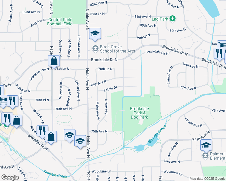 map of restaurants, bars, coffee shops, grocery stores, and more near 4401 Estate Drive in Minneapolis
