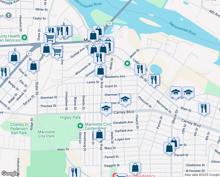 map of restaurants, bars, coffee shops, grocery stores, and more near 1019 Wells Street in Marinette