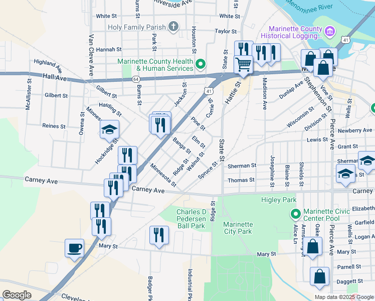 map of restaurants, bars, coffee shops, grocery stores, and more near 2437 Bangs Street in Marinette