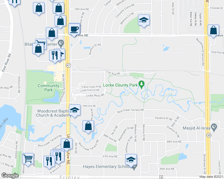 map of restaurants, bars, coffee shops, grocery stores, and more near 7899 University Avenue Northeast in Spring Lake Park