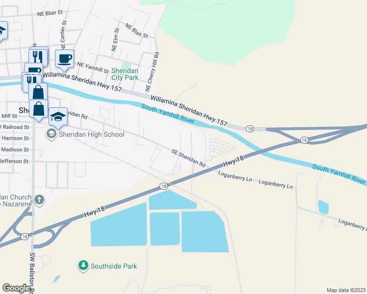 map of restaurants, bars, coffee shops, grocery stores, and more near 235 Southeast Hope Court in Sheridan