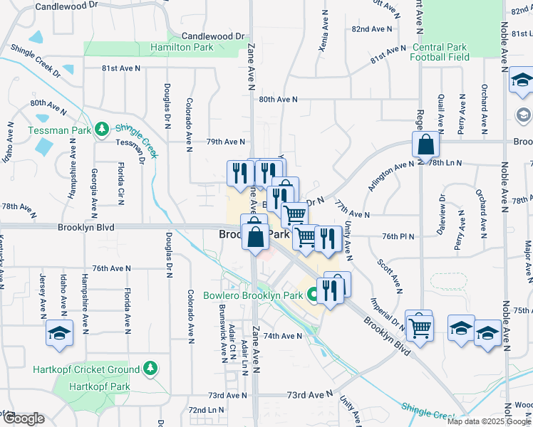 map of restaurants, bars, coffee shops, grocery stores, and more near 7640 Brooklyn Boulevard in Minneapolis